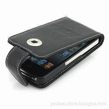 Genuine Black Leather Case for Apple's iPhone 4 with Magnetic Clip Closure